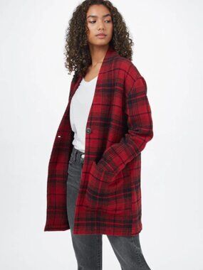 NWT tentree Organic Cotton Flannel Cocoon Cardigan-Rio Red Coastal Plaid, Sz L